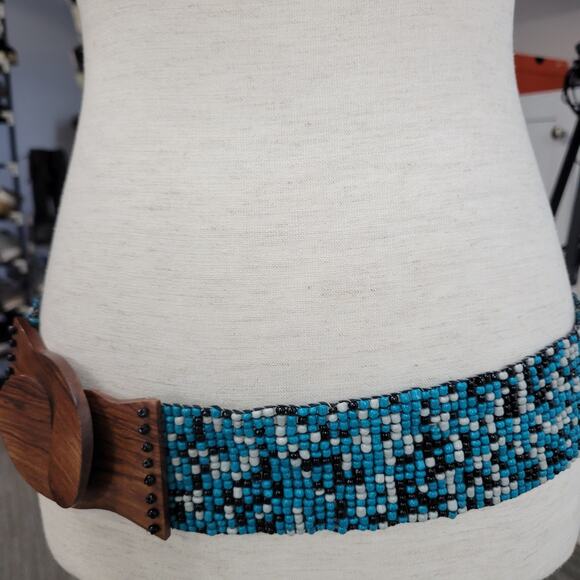 Vintage Womens Beaded Fashion Belt Turquoise Black Wood Buckle Elastic‎ Boho